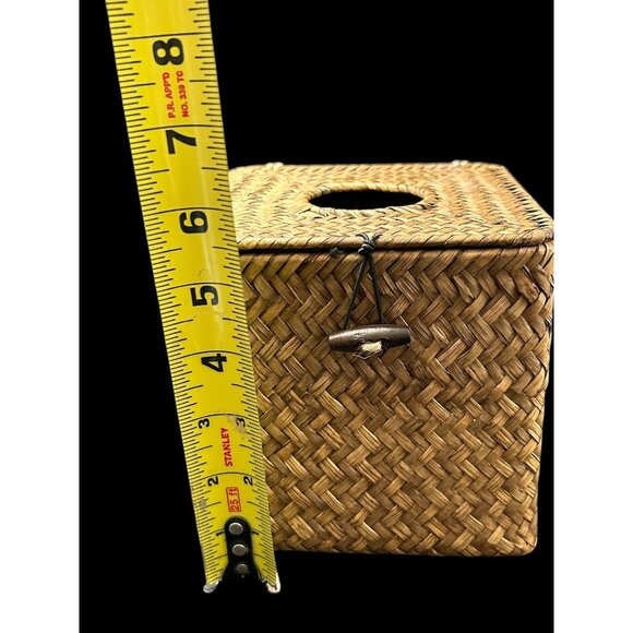 Vintage Natural Woven Wicker Rattan Hinged CoverTissue Box Holder Square BOHO - Picture 9 of 11